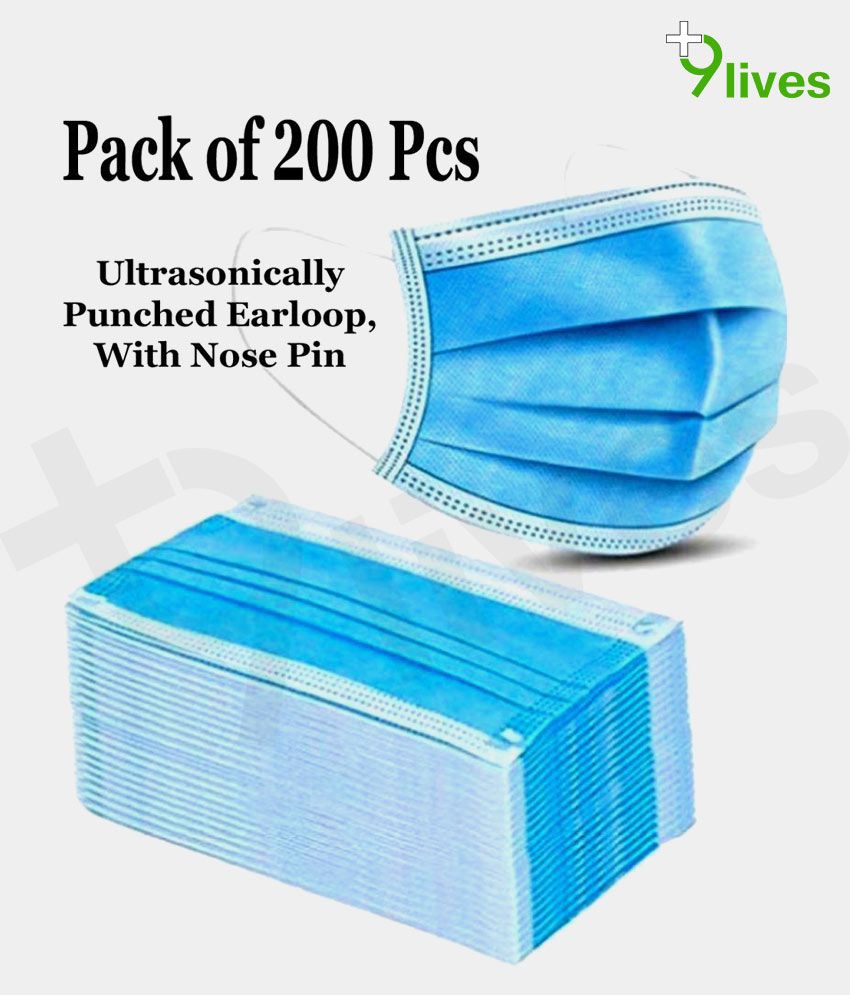     			9Lives 3 Ply Anti Viral, Anti Pollution Surgical Disposable Face Mask With Nose Pin & Meltblown Layer- Pack of 200 (Blue)