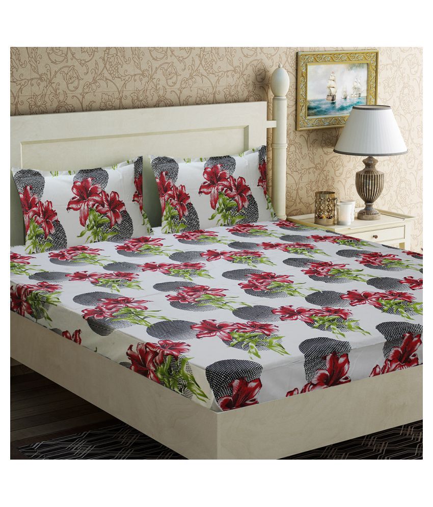     			Home Candy Cotton Floral Double Bedsheet with Two Pillow Covers -White