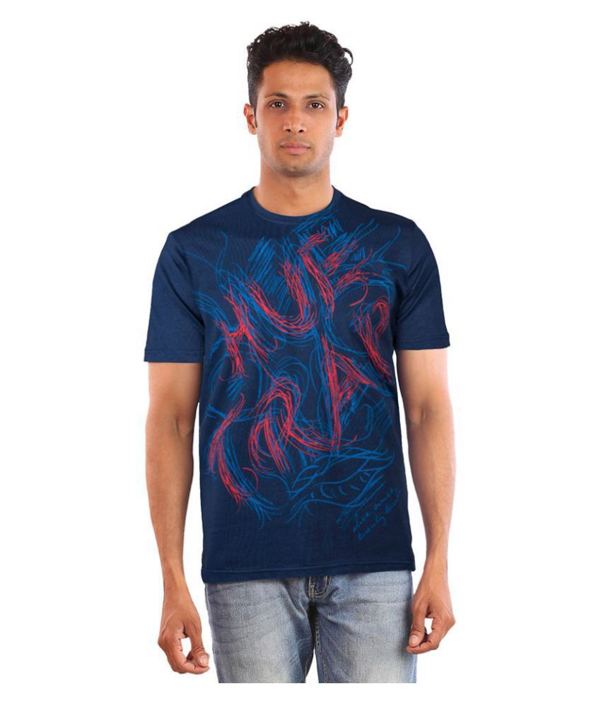     			Huetrap Cotton Navy Blue Printed T-Shirt