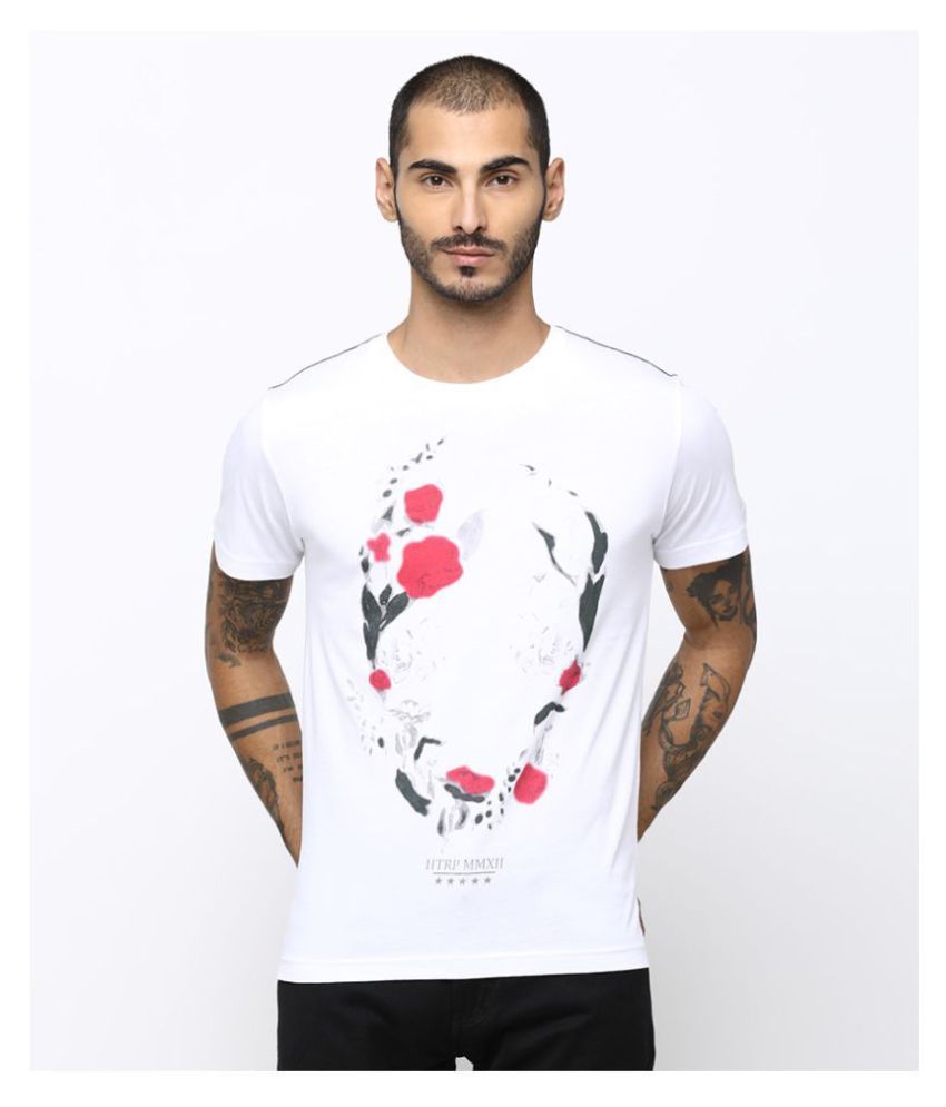     			Huetrap Cotton White Printed T-Shirt