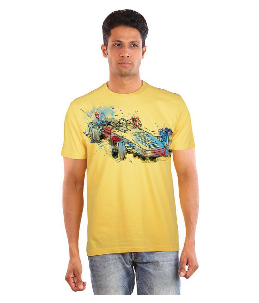     			Huetrap Cotton Yellow Printed T-Shirt