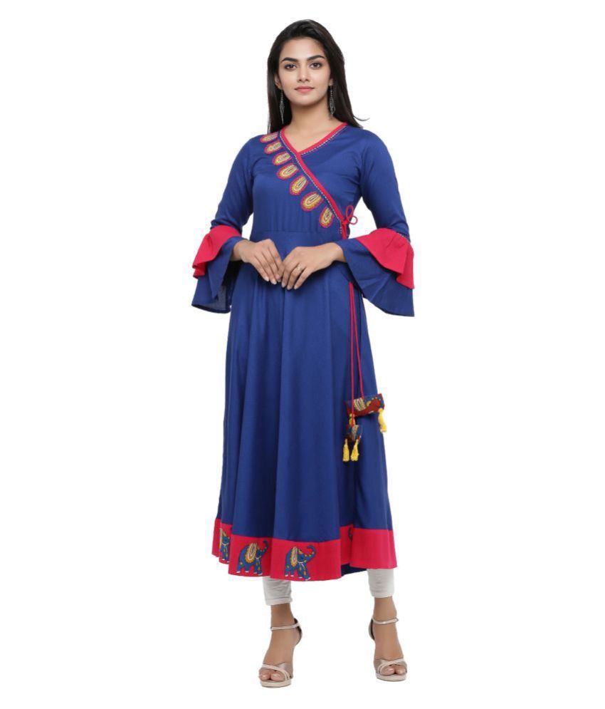     			Yash Gallery Pack of 1 Rayon Embroidered Angrakha Women's Kurti - ( Blue )