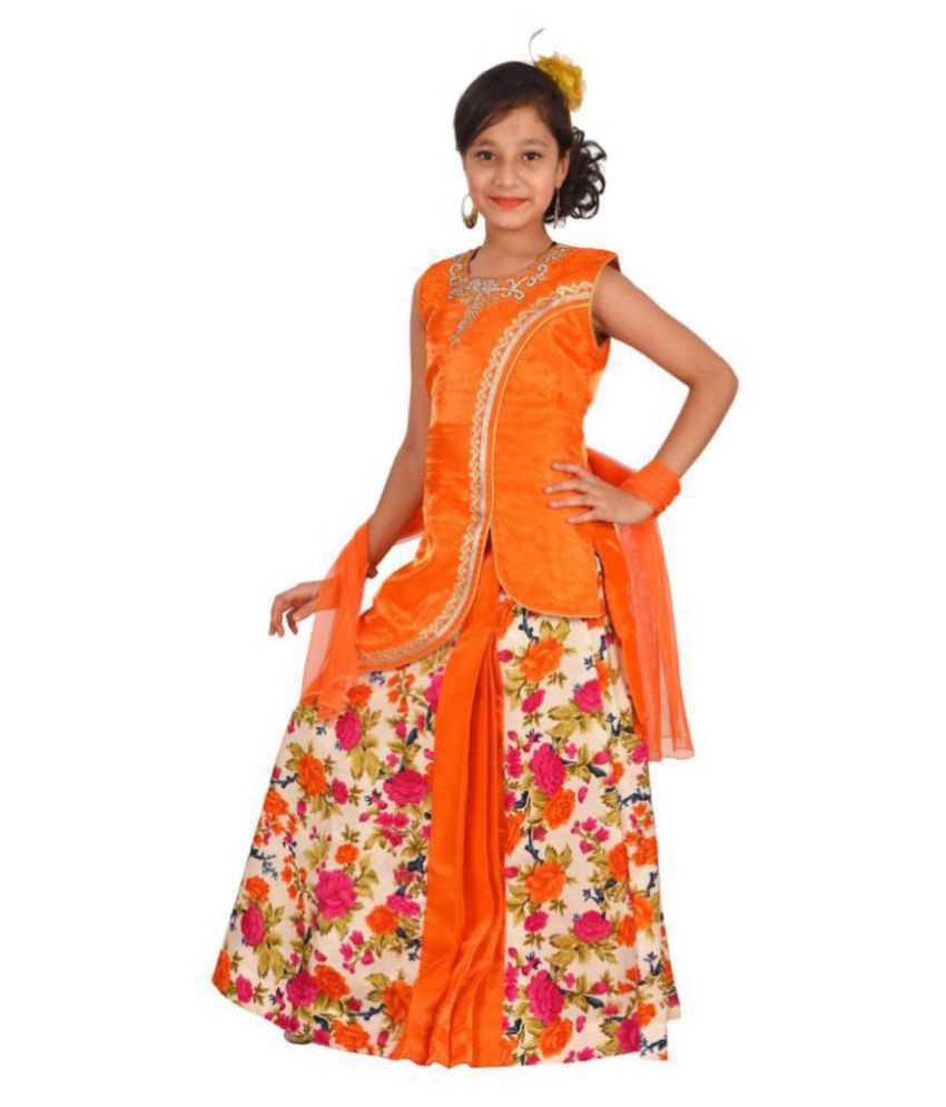     			Sky Heights Flower Print Net Orange Lehenga Choli Party Dress For Girls