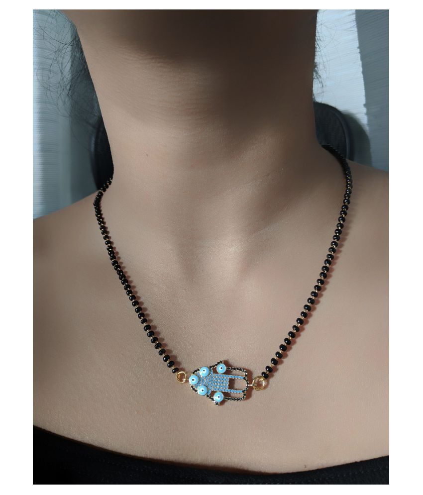     			Women Pride Jewellery Elegant Gold Blue Diamond Hand Hamsa Pendant Black Beads Single Line Layer Short Chain Necklace