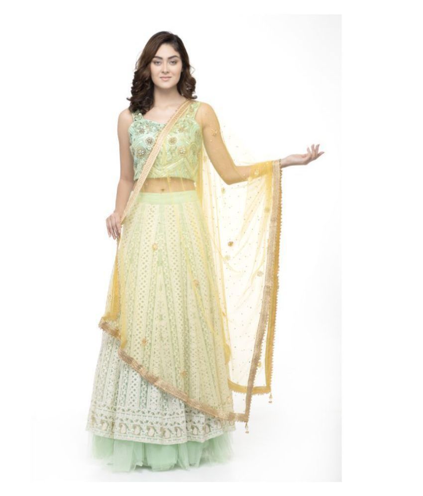     			A R Silk Yellow Net Pearl Embellished Dupatta