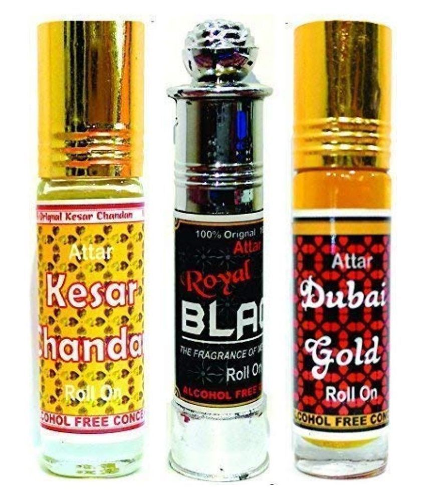     			INDRA SUGANDH BHANDAR Attar KESAR CHANDAN, ROYAL BLACK & DUBAI GOLD 6ml Rollon 3 Pc. Combo Pack