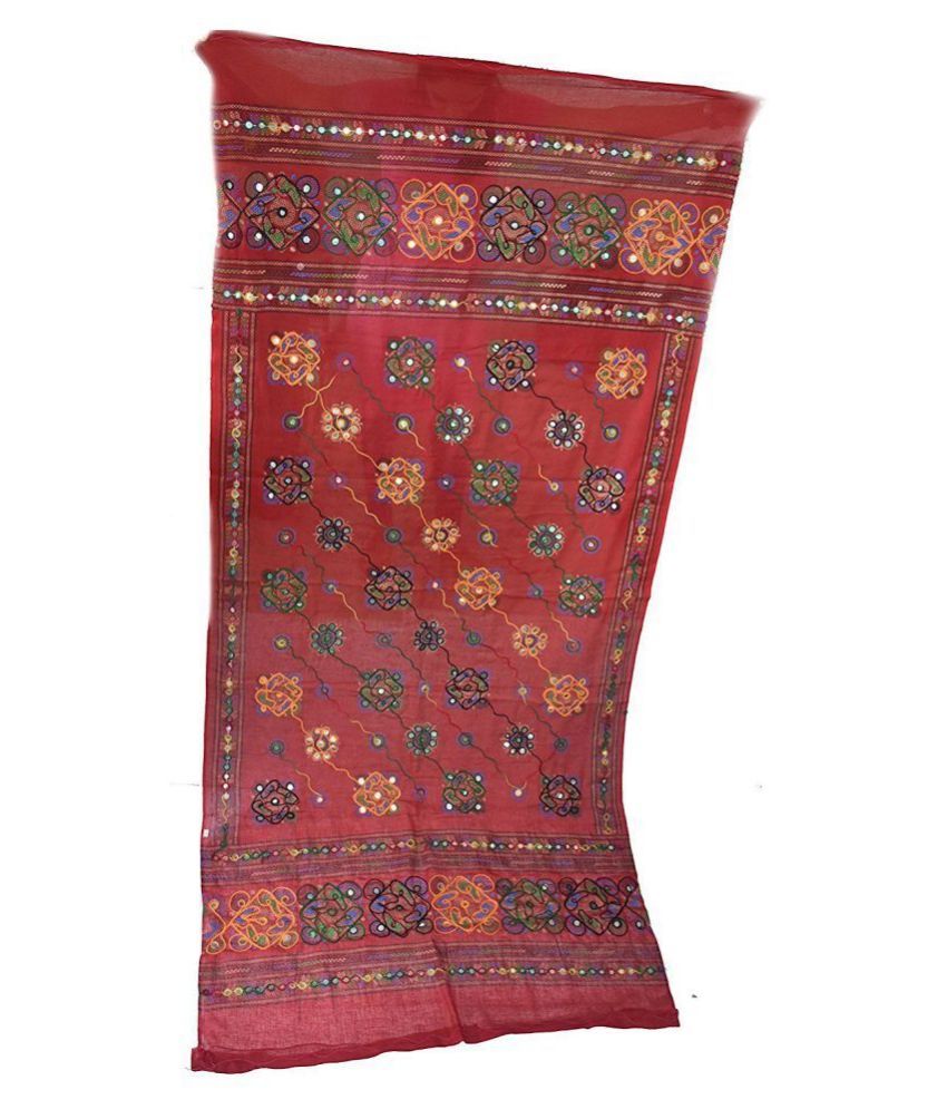     			Raj Red Cotton Hand Embroidered Dupatta