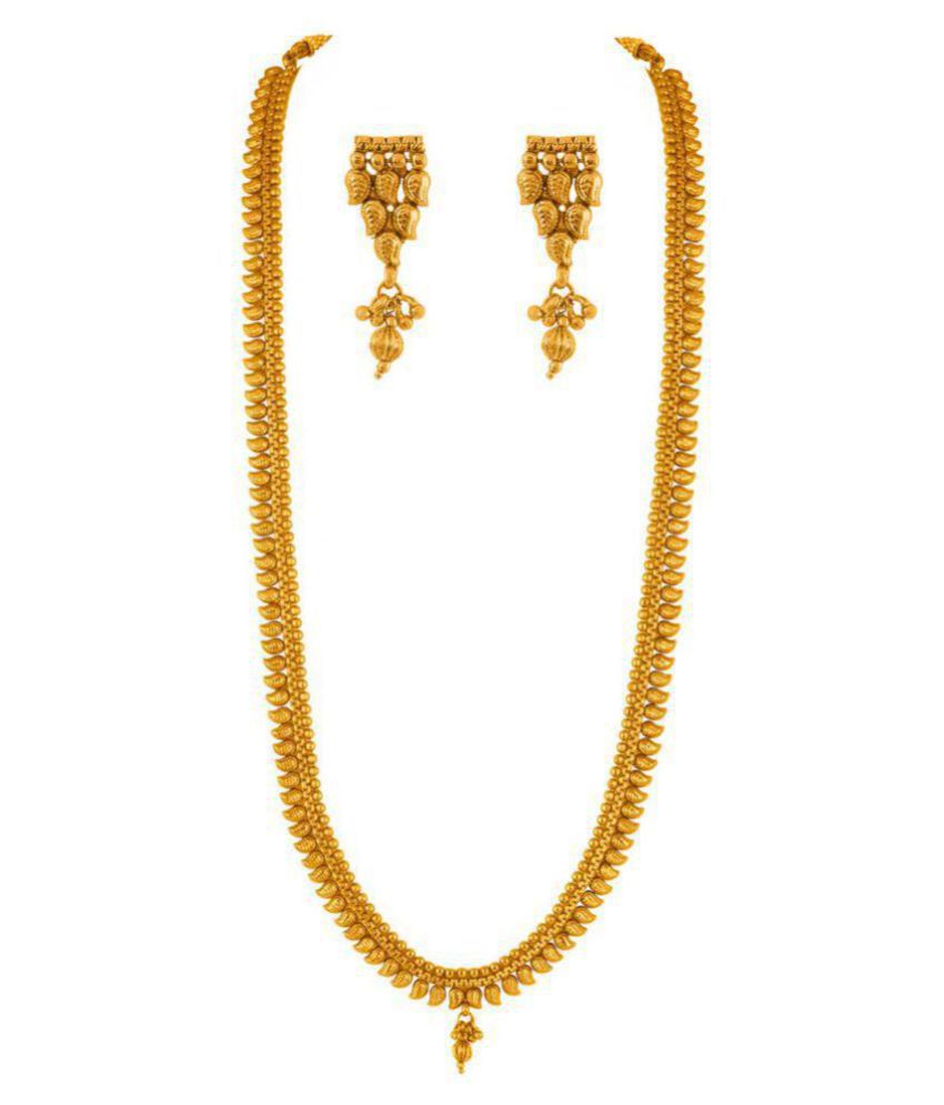    			JFL - Jewellery For Less Copper Golden Long Haram Traditional Gold Plated Necklaces Set