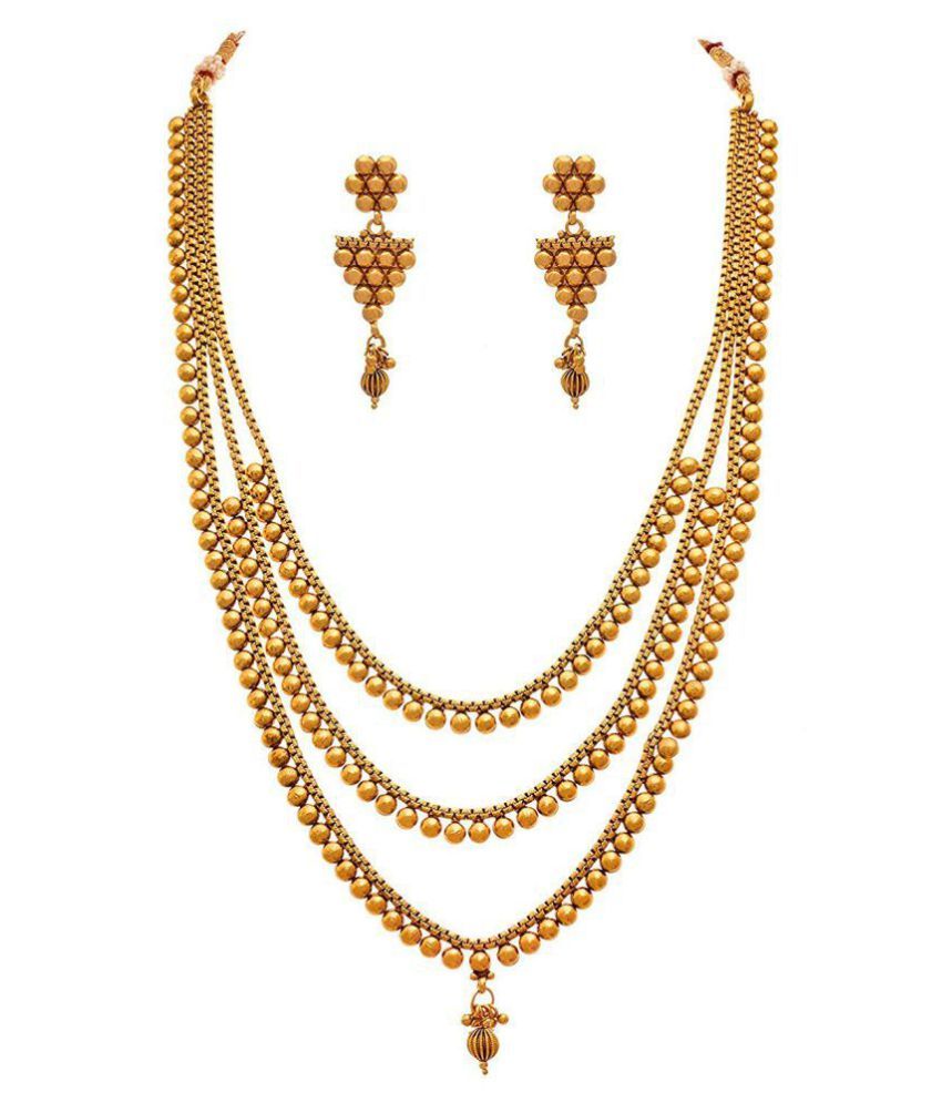     			JFL - Jewellery For Less Copper Golden Long Haram Traditional 22kt Gold Plated Necklaces Set