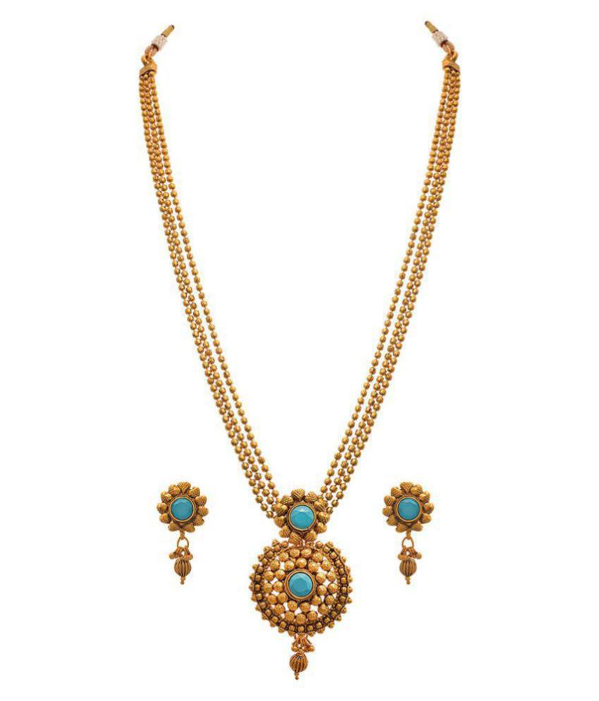     			JFL - Jewellery For Less Copper Turquoise Long Haram Traditional 22kt Gold Plated Necklaces Set