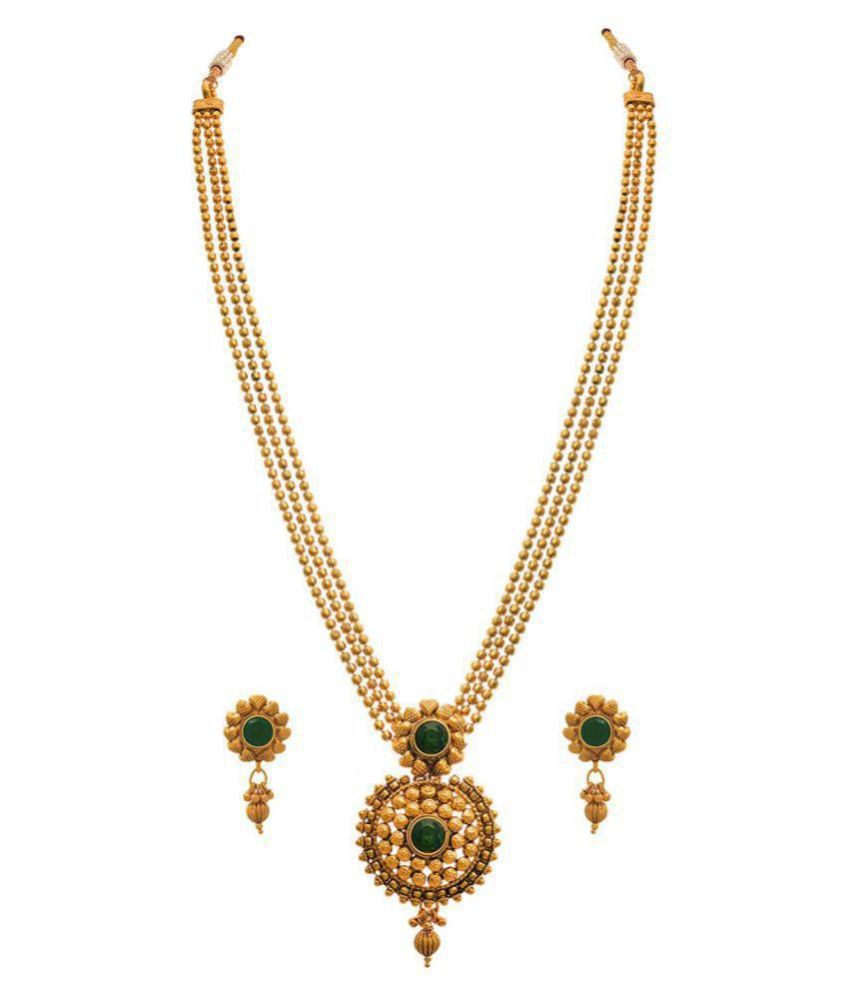    			JFL - Jewellery For Less Copper Green Long Haram Traditional 22kt Gold Plated Necklace set Combo