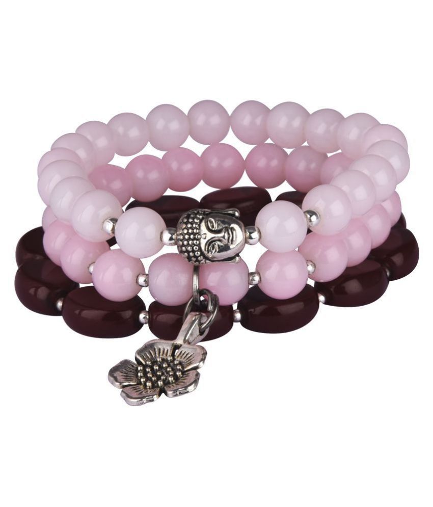     			Modern Fusion Light Pink & Baby Pink Onyx Stone with Silver Platted Buddha and Flower & Maroon Agate Oval Stone Stretchable Bracelet for Womens & Girls