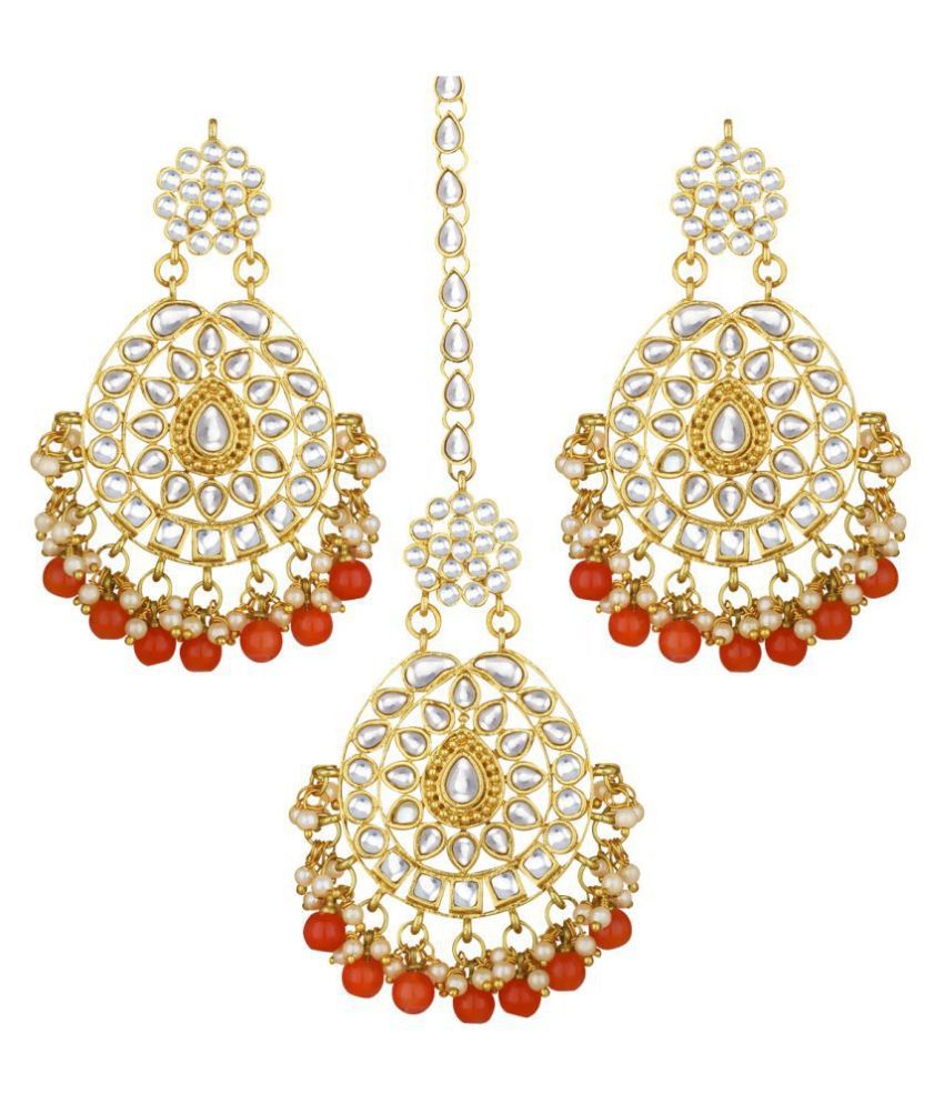     			Spargz Designer Gold Plated Kundan & Pearl Dangle Earring With Maangtikka For Women AITE_004