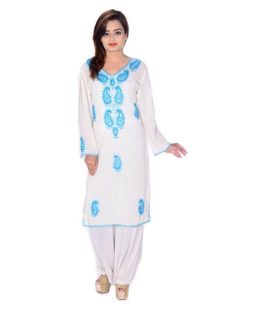     			Raj White Georgette Straight Kurti