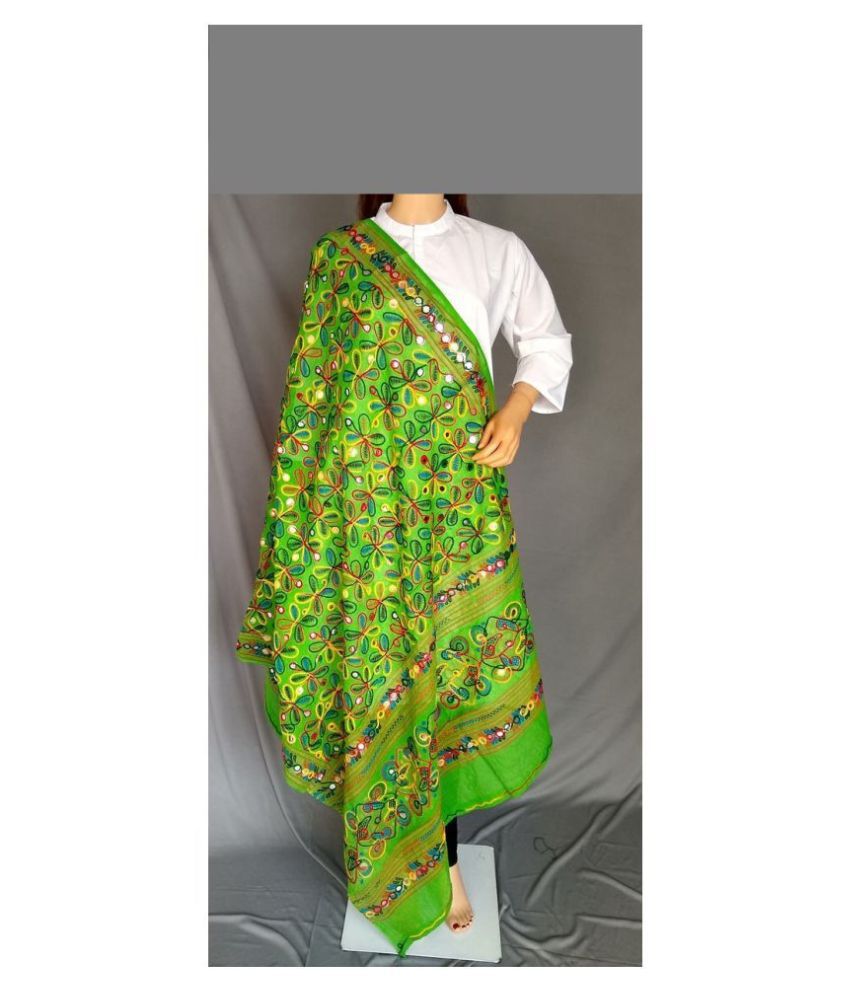     			Apratim Green Cotton Kutch Embroidered Dupatta