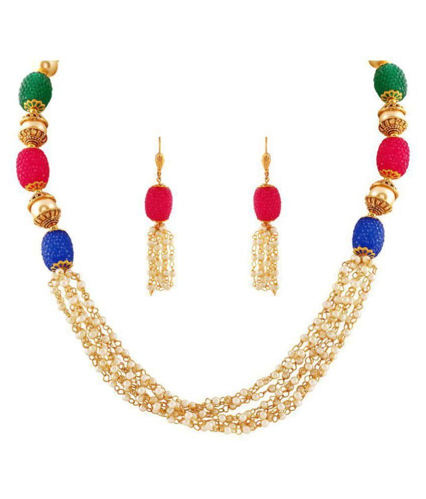     			Asmitta Jewellery Zinc Golden Long Haram Traditional Gold Plated Necklaces Set