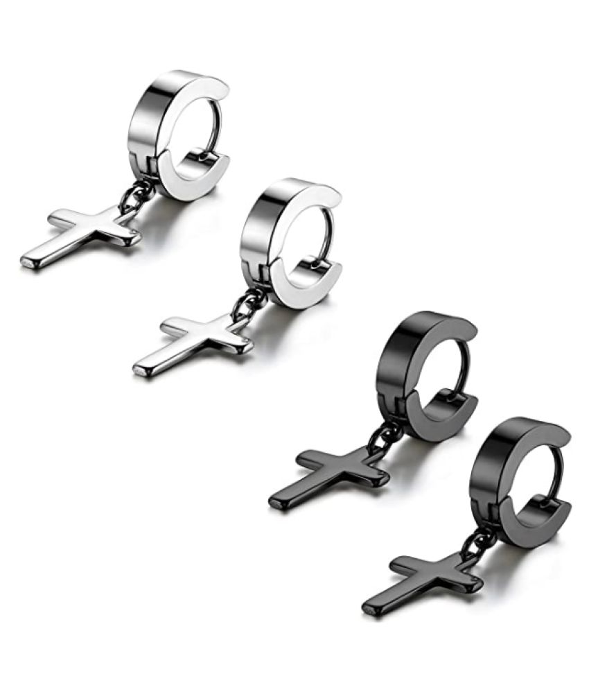     			PS CREATIONS 2 Pair Men's Womens Vintage Stainless Steel Cross Dangle Hoop Earrings, Hinged Huggie Cross Ring Gauges Drop Earrings for Boys Girls