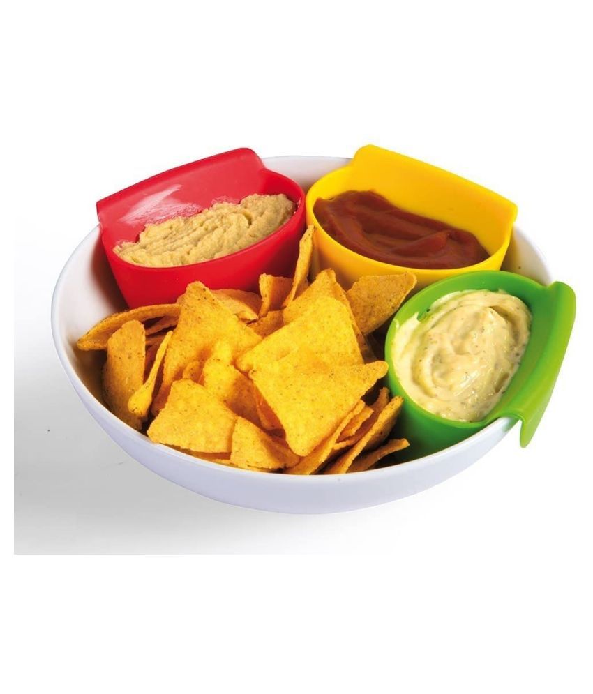 3 pc Dip Bowl Holder, Plastic Dish Chip and Dip Serving Set for Spice Tomato Sauce Salt Veggie