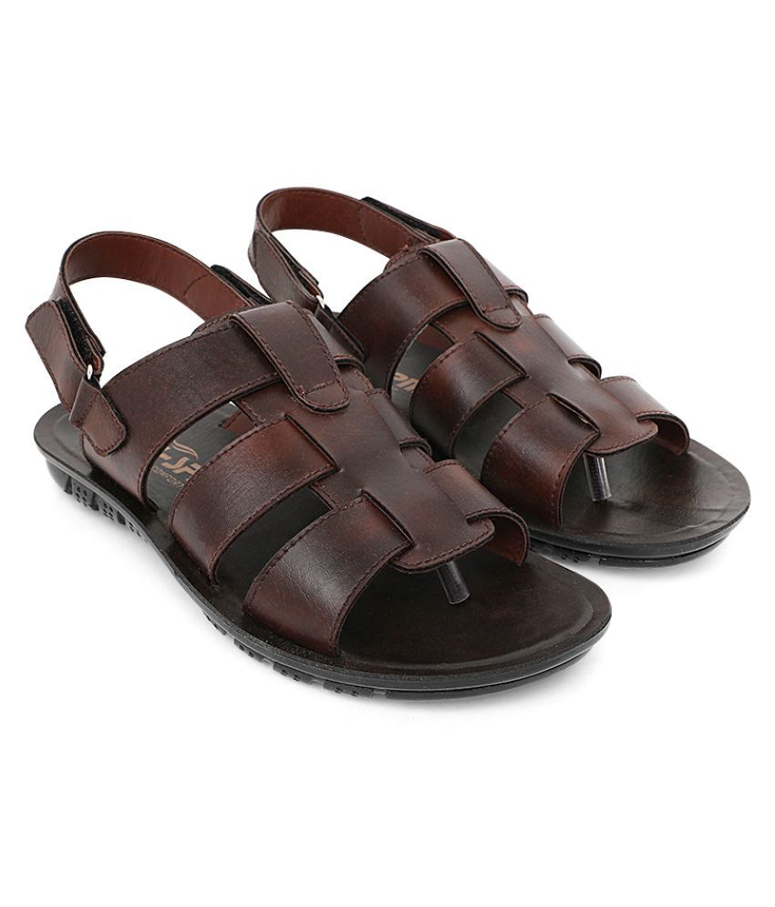     			SapSon Brown Faux Leather Sandals