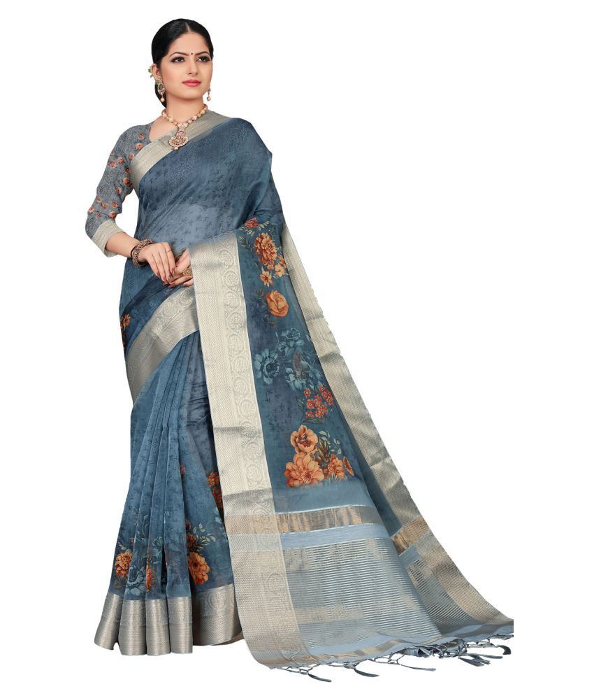 powder blue bead embroidered organza saree