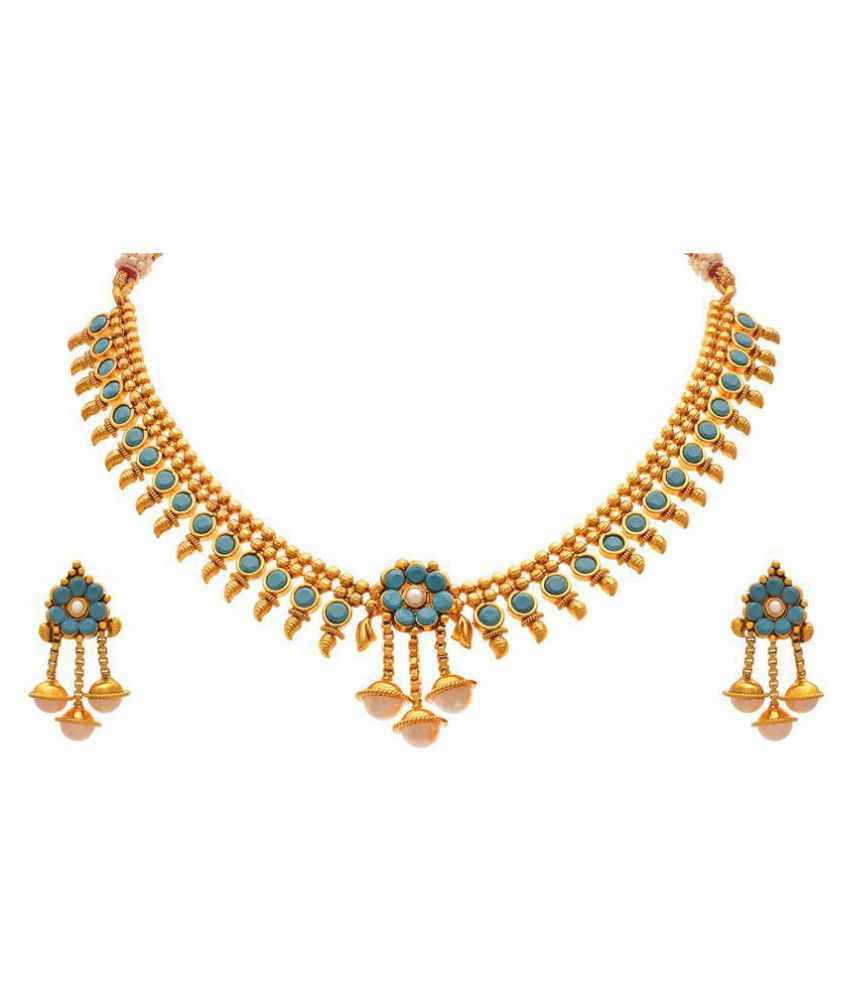     			JFL - Jewellery For Less Alloy Turquoise Choker Traditional 22kt Gold Plated Necklaces Set