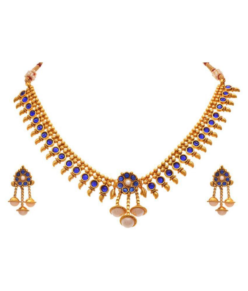     			JFL - Jewellery For Less Alloy Blue Choker Traditional 22kt Gold Plated Necklaces Set