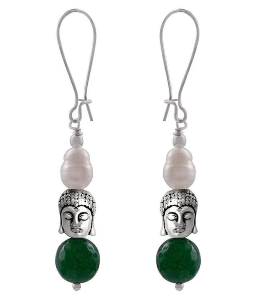     			German Silver Plated Oxidised Buddha, Semi Precious Pearl and Agate Bead Designer Earring for Girls and Women