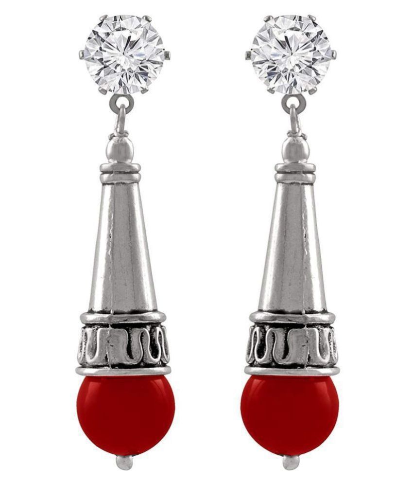     			JFL - German Silver Plated Oxidised Cz American Diamond Semi Precious Red Agate Stone Designer Earring for Women and Girls