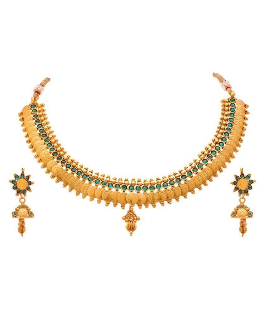     			JFL - Jewellery For Less Copper Green Choker Traditional 22kt Gold Plated Necklaces Set