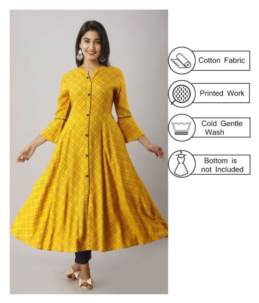 Mustard Yellow Printed A Line Anarkali Kurta Kurti Party Designer Dress Tunic 