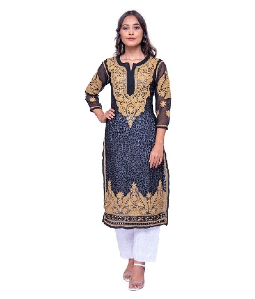 Exclusive Lucknowi Chikankari Kurti Black Georgette A-line Kurti - Buy ...