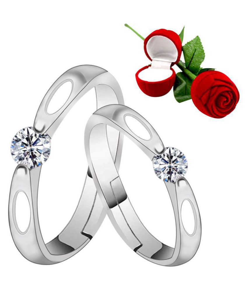     			Silver Shine Silver Plated Adjustable Couple Ring with 1 Piece Red Rose Gift Box  for Men and Women