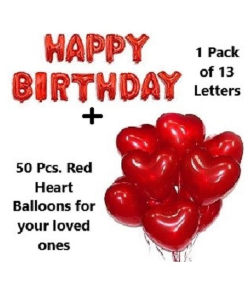     			GNGS Happy Birthday Letters Foil Balloons 13 Pc (Red) + Pack of 50 Red Heart Party Decoration Balloons