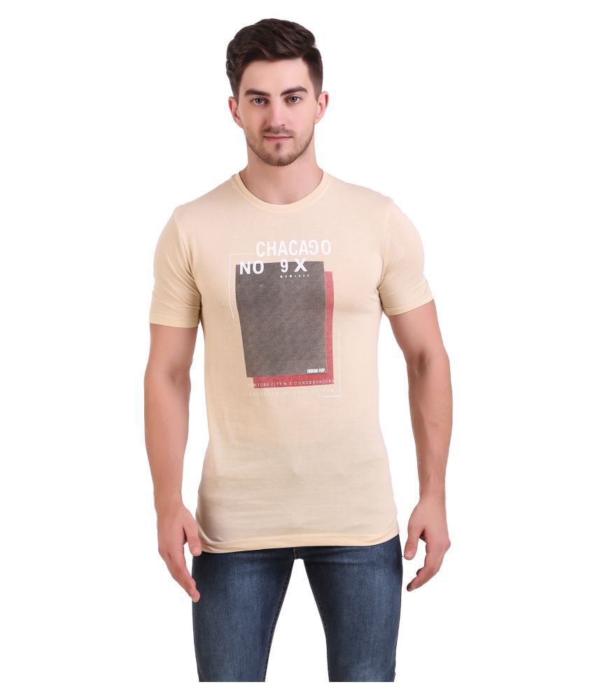     			Bravezi Cotton Blend Beige Printed T-Shirt