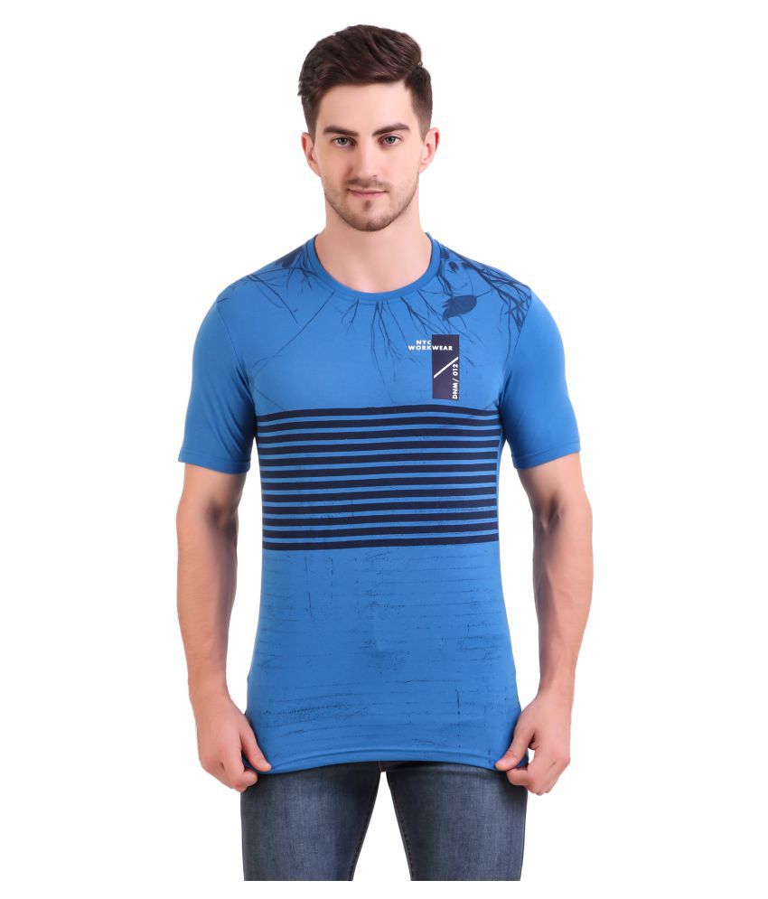     			Bravezi Cotton Blend Blue Printed T-Shirt