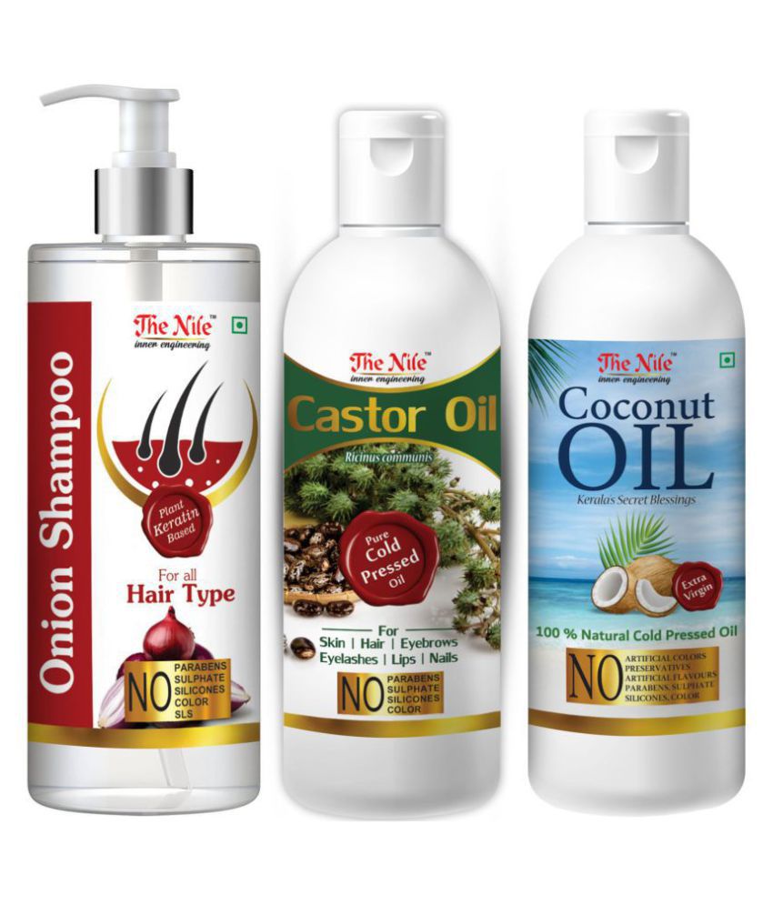     			The Nile Red Onion Shampoo 200 ML + Castor Oil 100 ML + Coconut Oil 100 ML  Shampoo 400 mL Pack of 3
