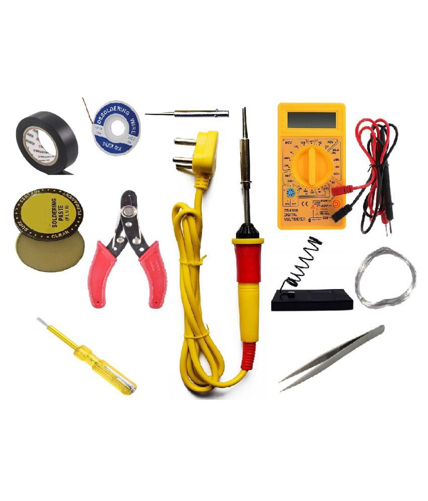     			UKOIT (11 in 1) High Quality 25W Soldering Kit including Soldering Iron, Soldering Wire(1.5m), Flux, Iron Stand, Pointed Bit, Cutter, D-wick, Tester, Tweezer, Digital Meter and Tape