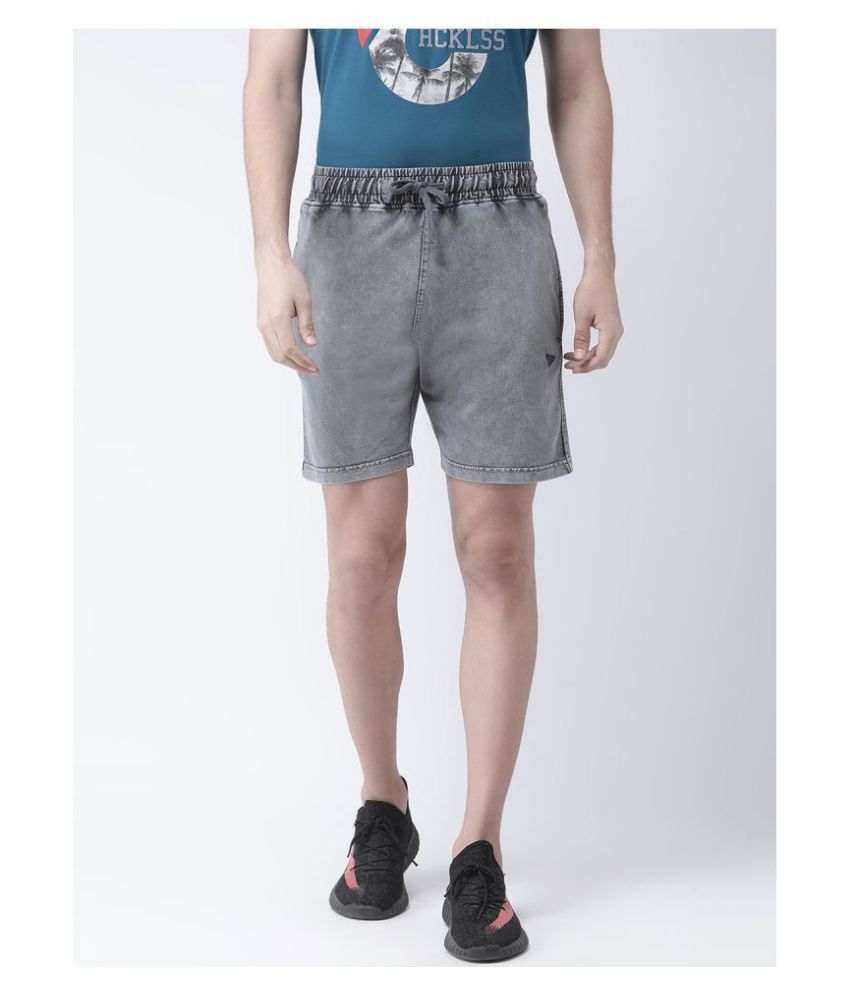 grey shorts with blue shirt