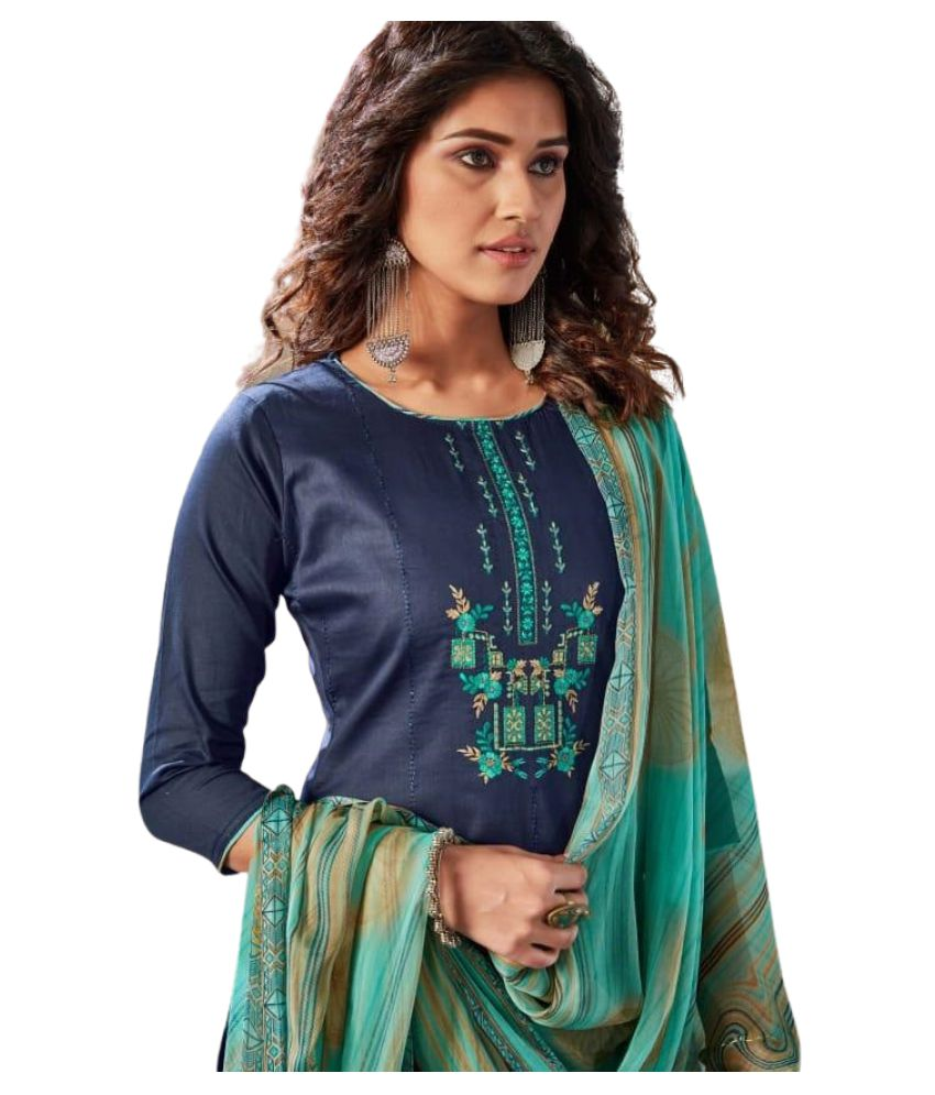 Saffron Attires Blue Cotton Blend Unstitched Dress Material Buy