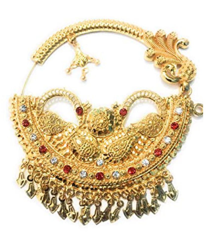 FebTech Gold Plated Golden Finishing Red and White Stones Open Loop Nathiya for Women With Chain