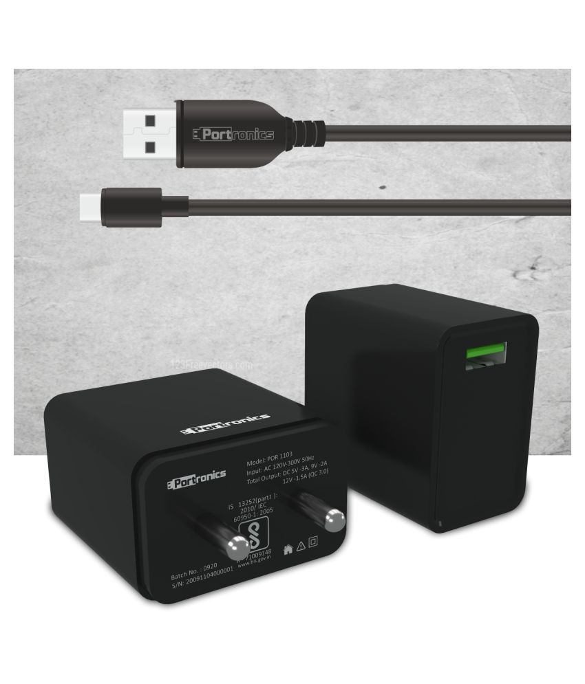     			Portronics Adapto One ( With Micro Cable):3.0A Single Port Adapter With Quick Charge ,Black (POR 1103)