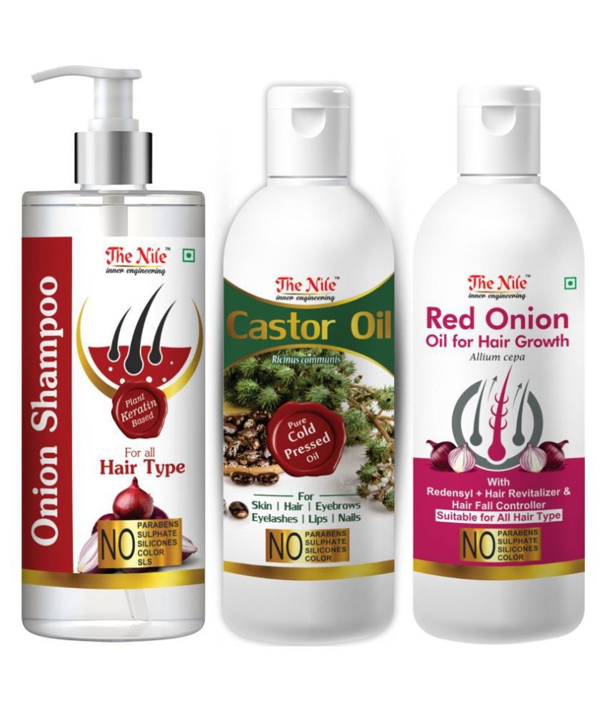     			The Nile Red Onion Shampoo 200 ML + Castor Oil 100 ML + Red Onion Oil 100 ML  Shampoo 400 mL Pack of 3