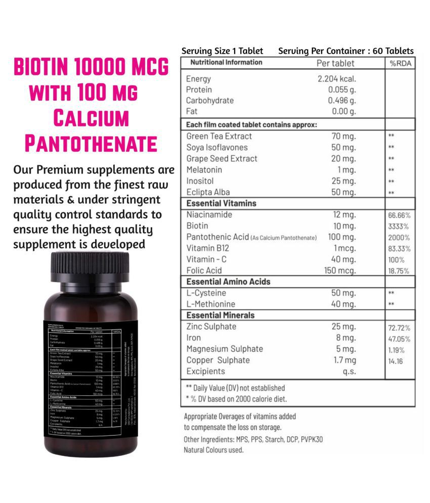 Puraberry Biotin 10000mcg with Calcium Pantothenate, Multivitamin, Minerals  & Amino Acids - Hair Growth, Glowing Skin & Strong Nails 60   Multivitamins Tablets Pack of 2: Buy Puraberry Biotin 10000mcg with Calcium