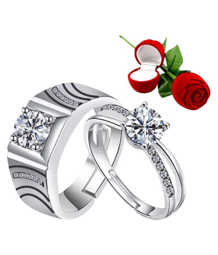     			Silver Plated Adjustable Couple Rings Set for lovers Ring with 1 Piece Red Rose Gift Box for Men and Women