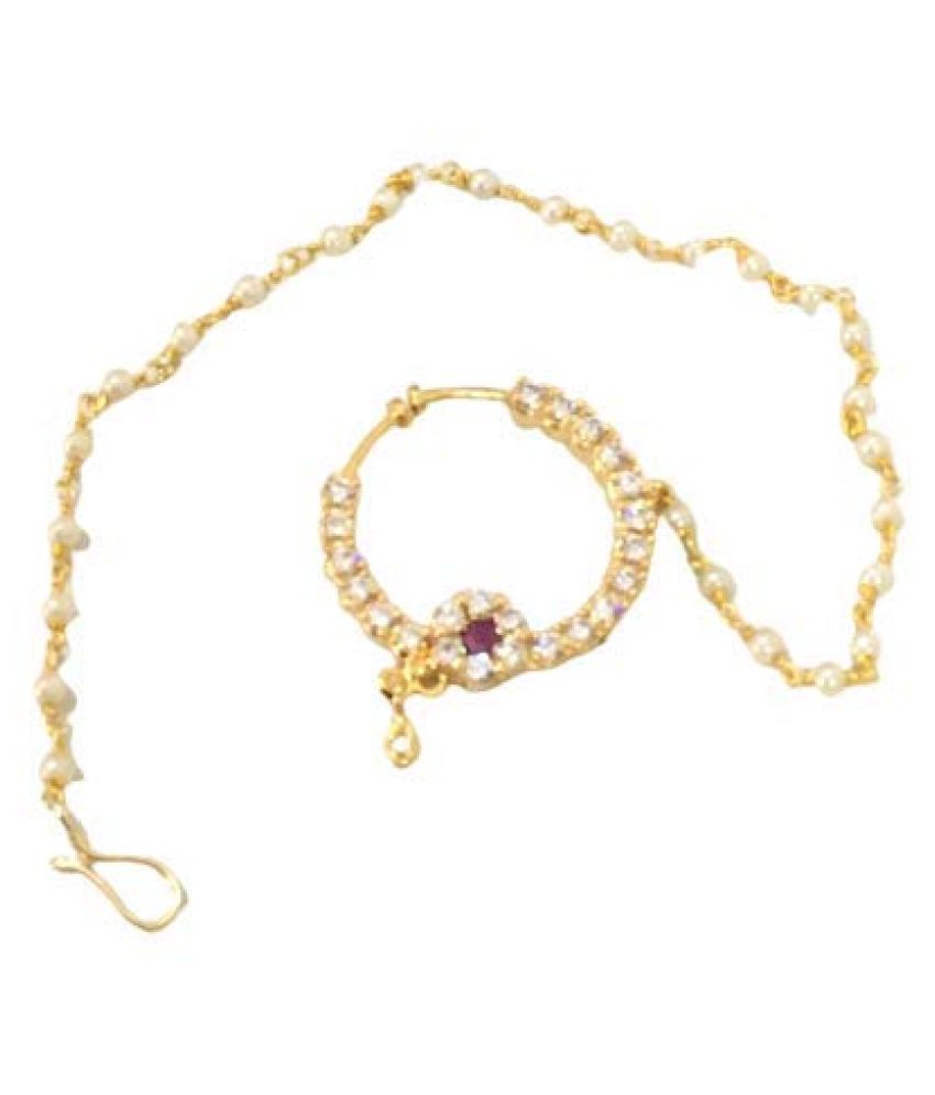 White And Red Ad Stone Gold Plated Nathiya Premium Design New Look Open Loop Nath For Girls With 