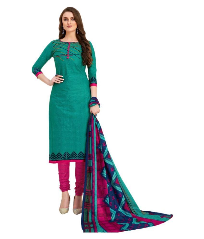 Drapes Green Cotton Unstitched Dress Material - Buy Drapes Green Cotton 