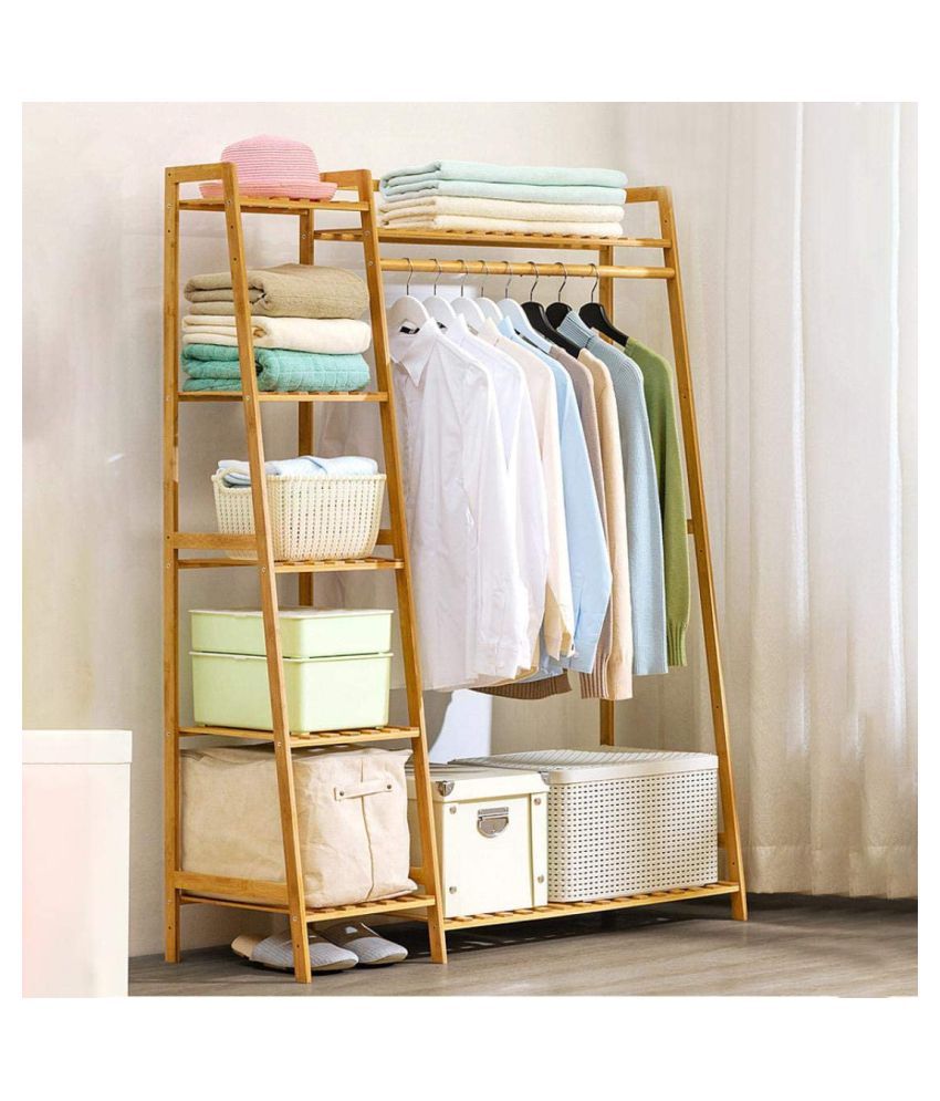    			House of Quirk Bamboo Wood Garment Rack Clothing Rack with 5 Tiers Storage Shelf Corner Clothes Hanging Rack (Ladder Design)(110cm Width)