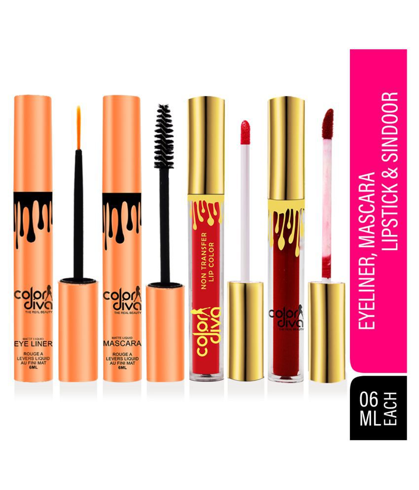     			Color Diva Waterproof Eyeliner, Mascara, Sindoor & Liquid Lipstick Makeup Kit Pack of 4 24