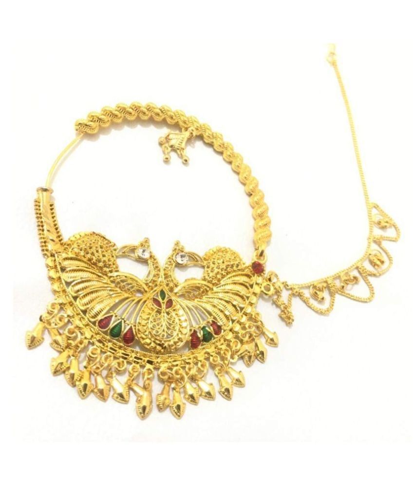 FebTech Gold Plated Peacock Medium SIze Open Loop Nathiya/Nose Pin For Women