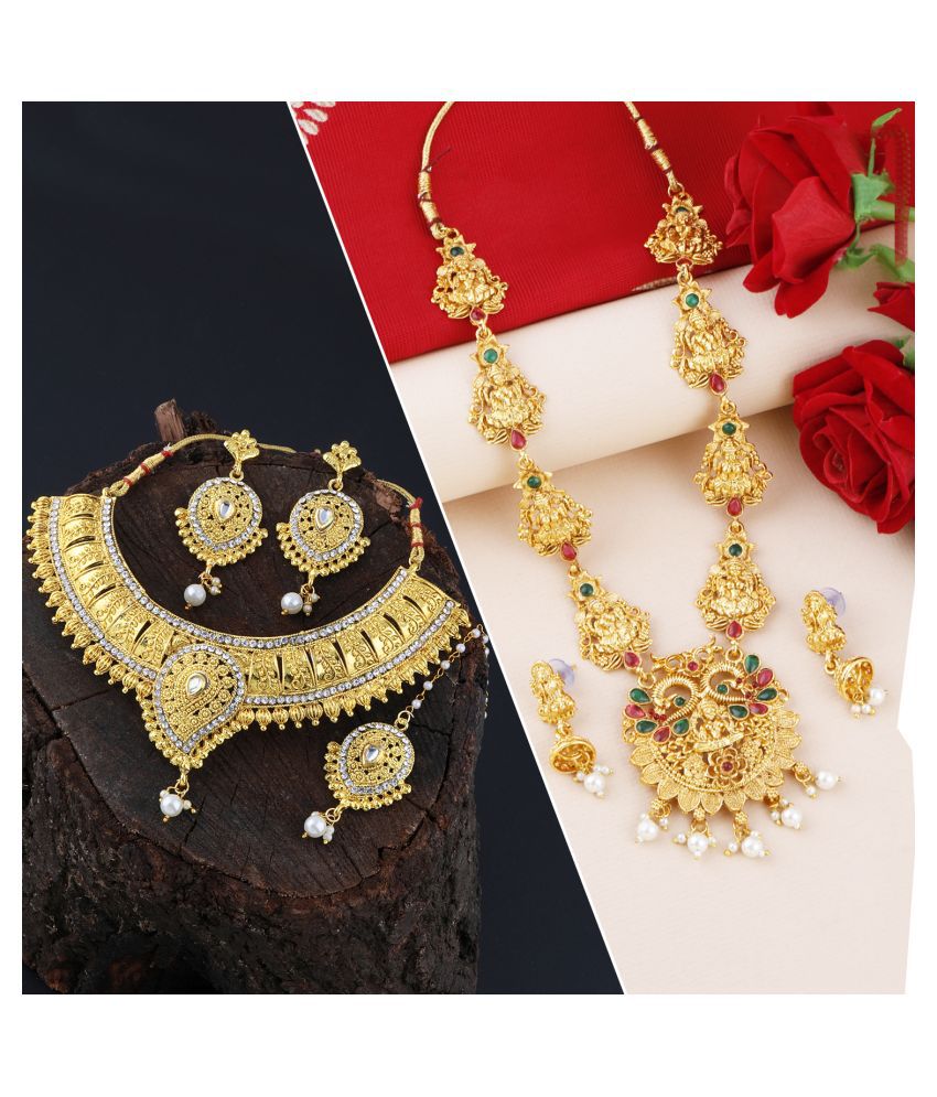     			Silver Shine Alloy Golden Choker Designer Gold Plated Necklaces Set